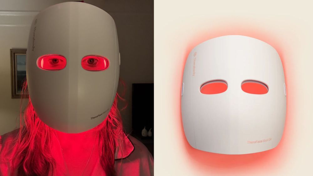 author wearing the LED face mask from therabody in a selfie; therabody LED face mask overlaid on a neutral background, glowing red