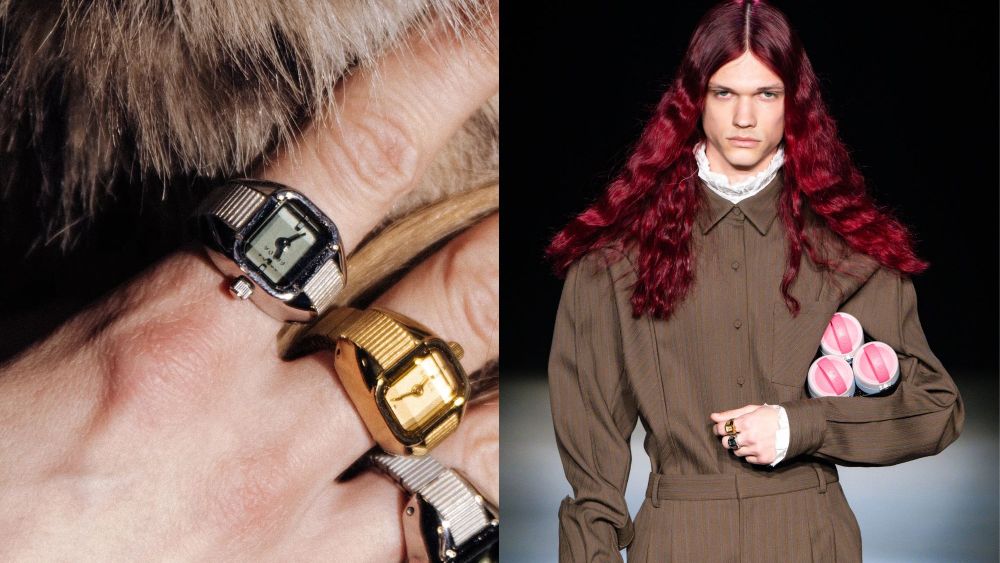 close up shot of three breda watch rings in silver and gold worn on one hand; model wearing breda watch rings during AKNVAS fall 2026 NYFW show