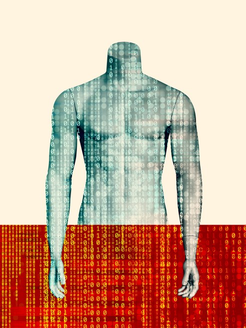 Mannequin torso with binary code
