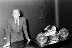 Pierre Cardin photographed in Espace Cardin his Paris office in 1973.