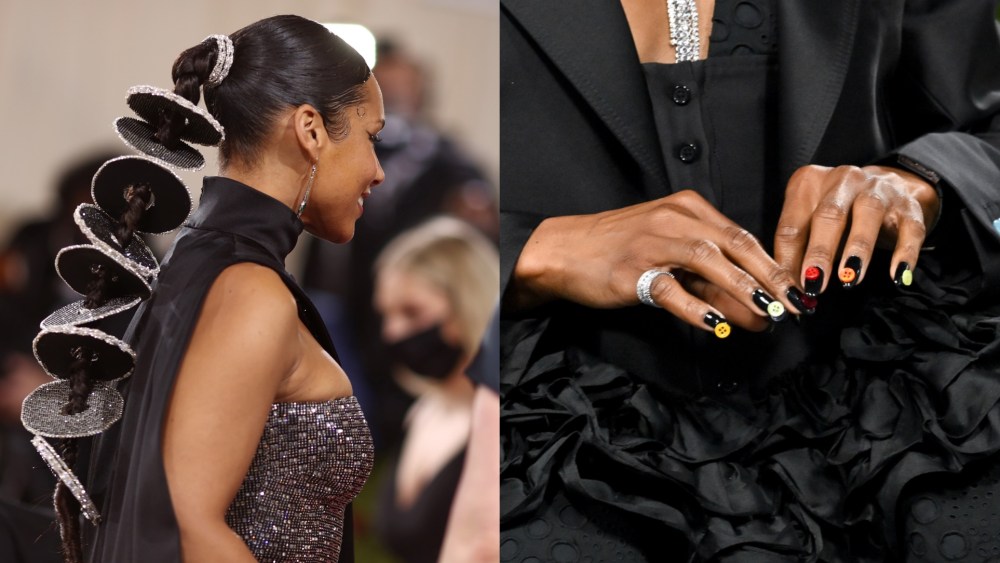 Alicia Keys at the 2023 Met Gala and Ego Nwodim's nails at the 2025 Met Gala.