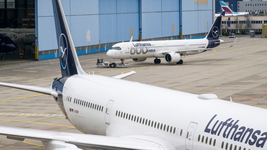 A Lufthansa Airbus is being pushed out of a maintenance hangar at Frankfurt Airport at Frankfurt Airport on the first of a two-day strike by Lufthansa pilots on April 13, 2026 in Frankfurt, Germany. The strike is grounding hundreds of Lufthansa and Eurowings passenger flights. The Vereinigung Cockpit (VC) labour union has launched the strike due to what it says are inadequate offers by Lufthansa over pilots' pay and retirement benefits.