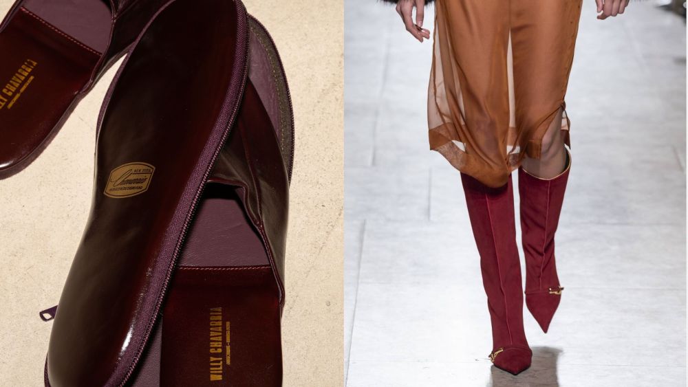 insoles from willy chavarria x luis onofre x mariano shoe collaboration; model walking in luis onofre's 2026 moda lisboa show while wearing red, pointed-toe boots; what is portugal's role in the footwear industry?