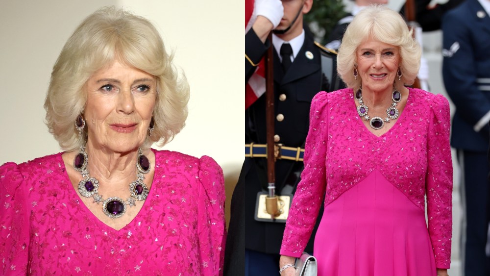 Queen Camilla wears Fiona Clare Aldridge dress, the amethyst and diamond suite of British royal jewels and poses outside during an official state dinner hosted by the President and First Lady at The White House on day two of the State Visit of King Charles III and Queen Camilla to the United States of America, on April 28 in Washington, DC.