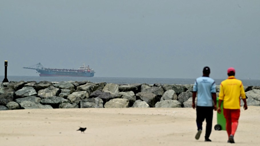 A ship is seen in the Persian Gulf off the coast of Sharjah the day after the failure of U.S.-Iran peace talks on April 13, 2026.