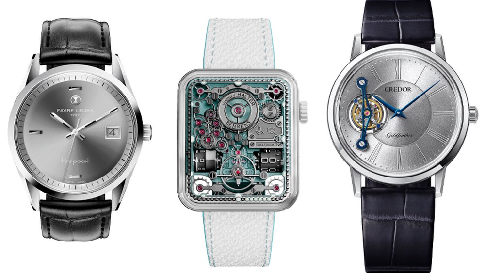 The Favre Leuba Harpoon Revival watch.; The Behrens Master Collection KWH X Vianney Halter Ceramic watch; The Credor Goldfeather Tourbillon Engraved watch.