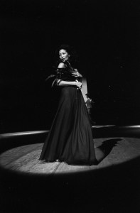 China Machado on the runway posing during the fashion show to benefit the restoration of the Chateau of Versailles, five American designers matching talents with five French couturiers at the Versailles Palace on November 28, 1973 in Versailles, France...Article title: 'One night and pouf! It's gone!