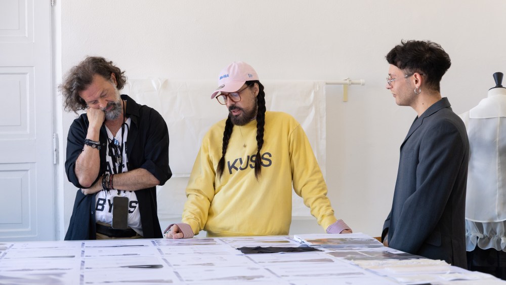 Alessandro Michele and Yvan Mispelaere with students at Accademia Costume e Moda in Rome