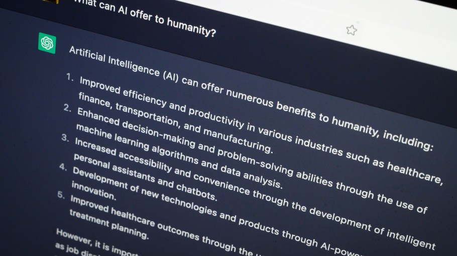 LONDON, ENGLAND - FEBRUARY 03: In this photo illustration, the OpenAI "ChatGPT" AI-generated answer to the question "What can AI offer to humanity?" is seen on a laptop screen on February 03, 2023 in London, England. OpenAI, whose online chatbot ChatGPT made waves when it was debuted in December, announced this week that a commercial version of the service, called ChatGPT Plus, would soon be available to users in the United States. (Photo by Leon Neal/Getty Images)