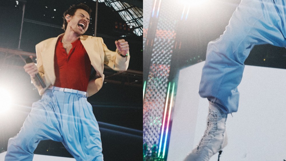 Harry Styles performing in custom Calvin Klein Collection during his Together, Together tour in Amsterdam on May 24, 2026.