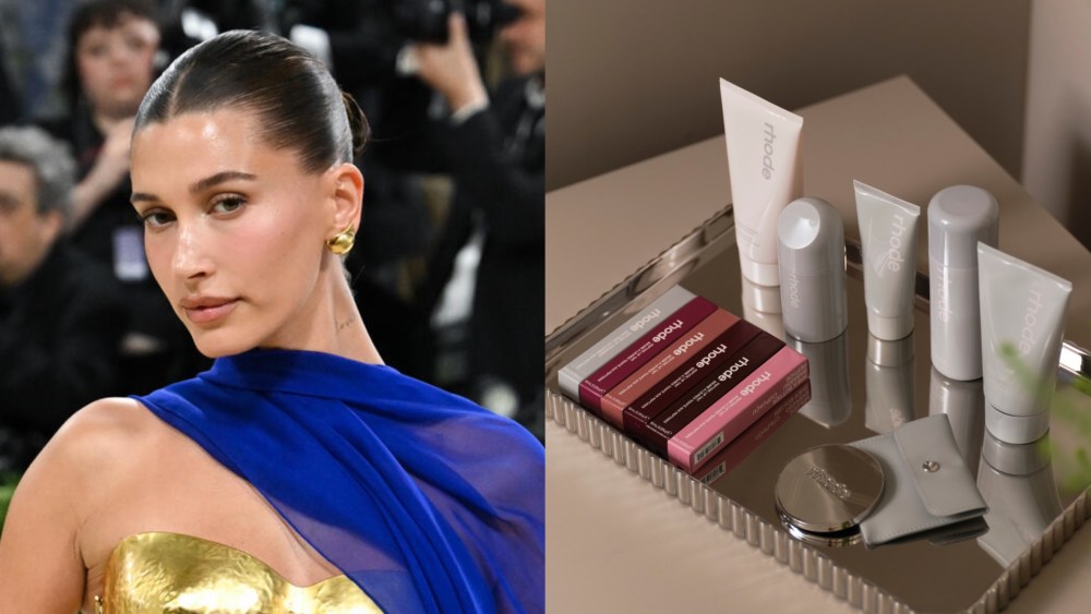 Hailey Bieber at the 2026 Met Gala next to a tray of Rhode products.
