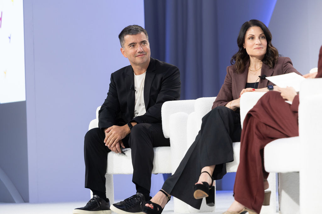 Traackr's Pierre-Loïc Assayag and Unilever’s Casey DePalma McCartney on stage at the Beauty CEO Summit.