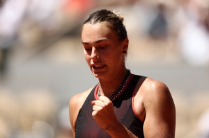 PARIS, FRANCE - MAY 26: Aryna Sabalenka reacts against Jessica Bouzas Maneiro of Spain during the Women's Singles first round match during Day Three of the 2026 French Open at Roland Garros on May 26, 2026 in Paris, France. (Photo by James Fearn/Getty Images)
