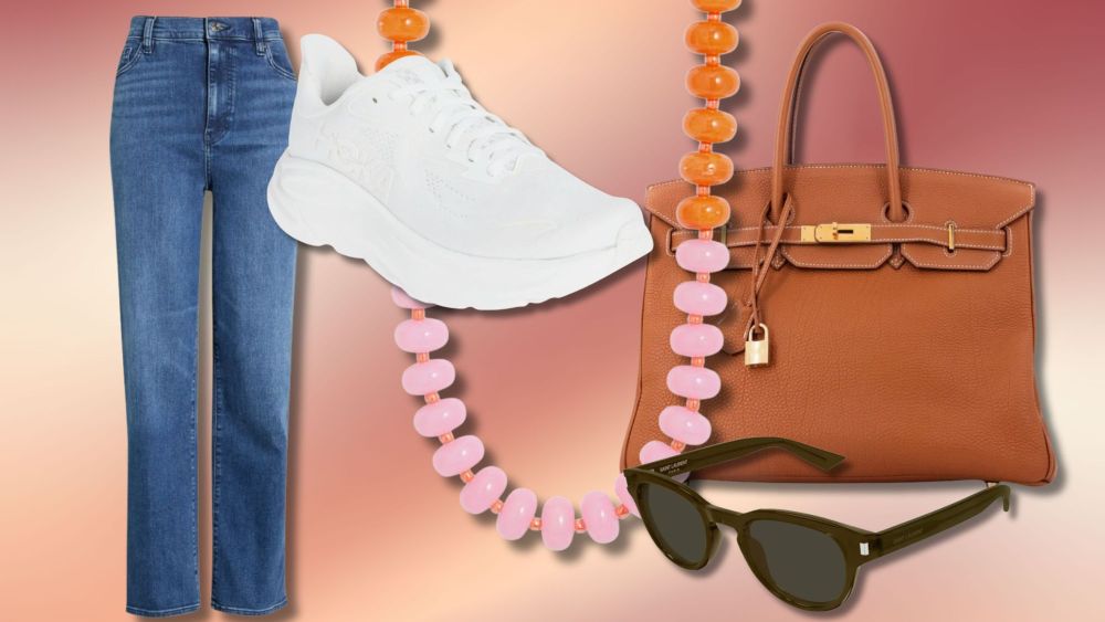nordstrom jeans, sneakers, beaded necklace, birkin bag, and sunglasses over ombre background; what to shop at nordstrom half yearly sale summer 2026