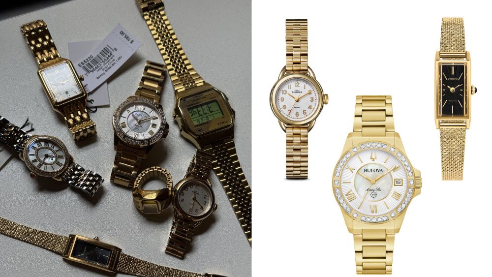 seven gold watches for women photographed in a dark setting on a table; three luxury women's gold watches over white background