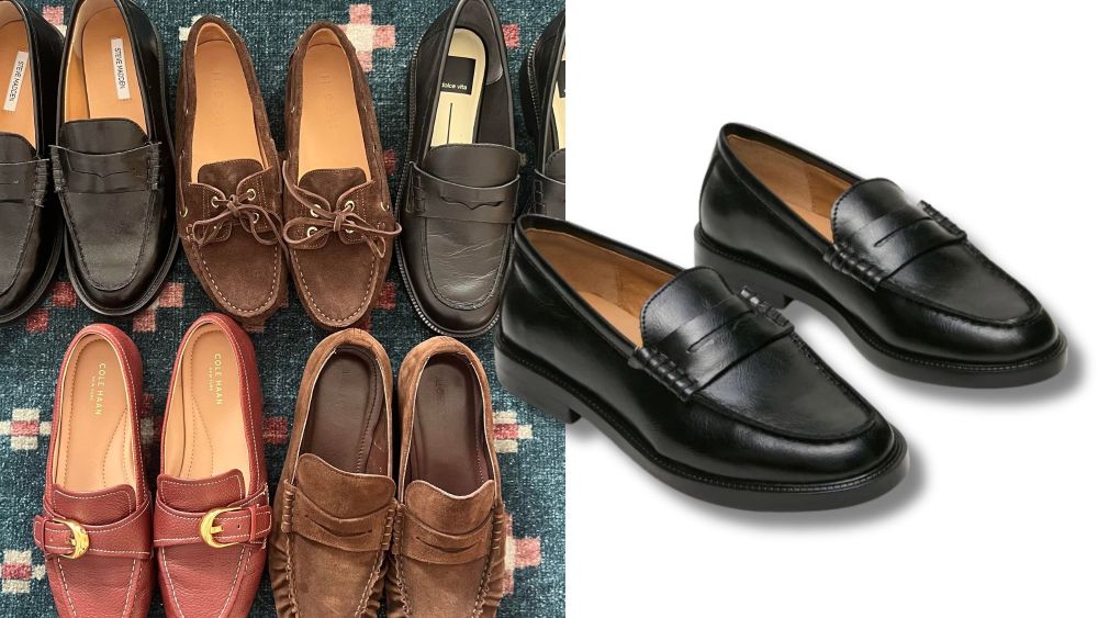 a lineup of six women's loafers tested and reviewed by our editors; steve madden black leather loafer over white background; top loafers for women to buy this year