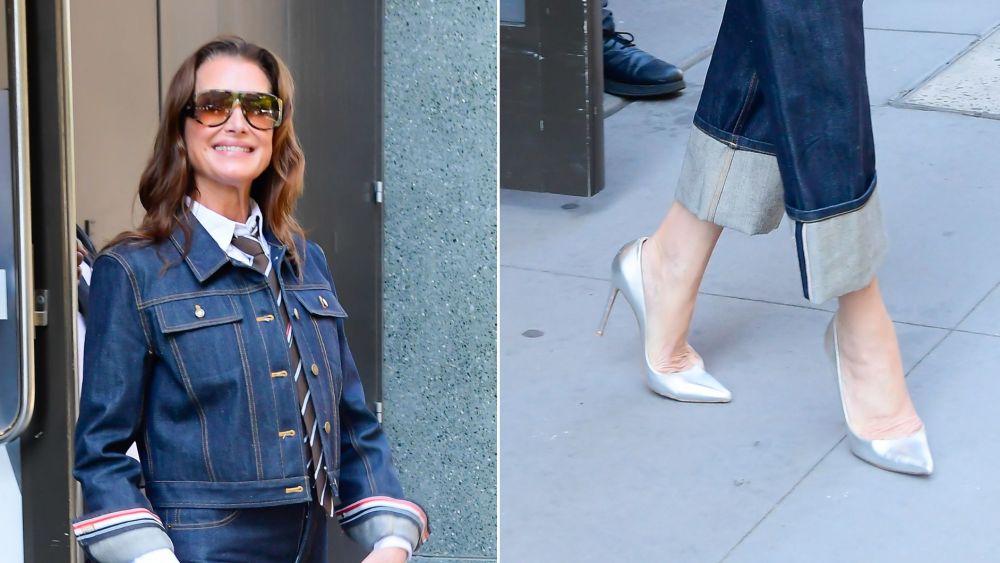Brooke Shields wearing a pair of metallic silver Gianvito Rossi 105 pumps with a menswear-leaning double denim look outside "Live with Mark and Kelly" in New York on Monday.