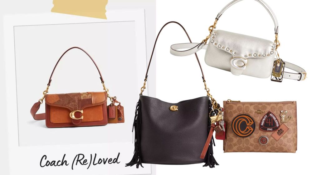 coach reloved program; best preowned handbags at coach over a white background, including tabby bag