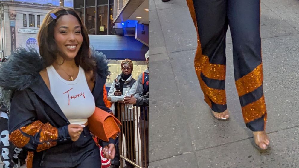 Jordyn Woods wearing a pair of clear shoes, likely a heeled mule, while on her way to the Knicks' playoff game at Madison Square Garden on Monday night.