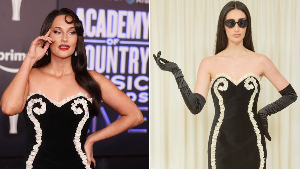 Kacey Musgraves in a black velvet Tanner Fletcher fall 2026 dress on the carpet for the ACM Awards; a look at the dress styled for the runway.