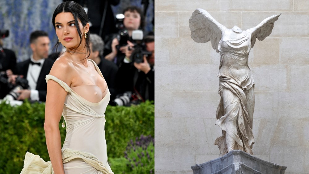 Kendall Jenner wearing Gap by Zac Posen at the Met Gala 2026; the Greek sculpture 'Winged Victory of Samothrace' at the Louvre Museum in Paris.