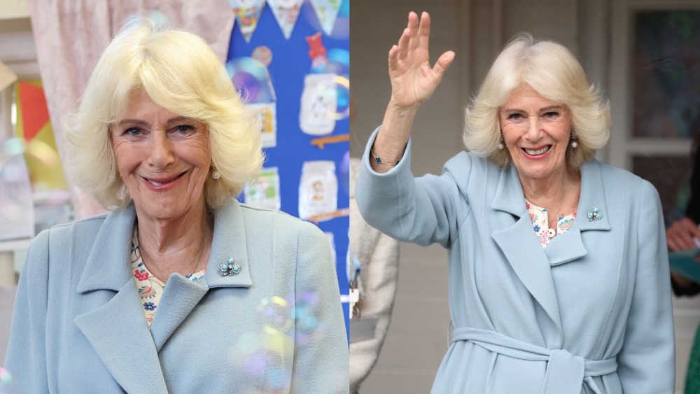 Queen Camilla wears Anna Valentine and Fiona Clare during a trip to Belfast on May 19 in Northern Ireland.