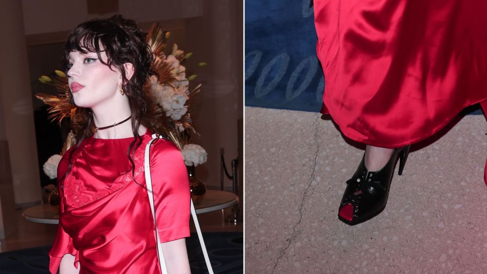Sophie Thatcher wearing McQueen Lexie Pumps in Black in Cannes on Tuesday night. The shoe features the house's signature Horn Heel from spring 2003.